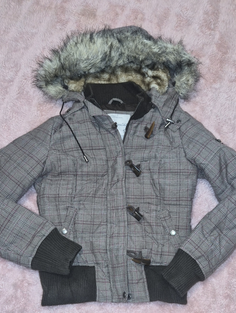 Aeropostale Gray Plaid Bomber Jacket with Faux Fur Hood